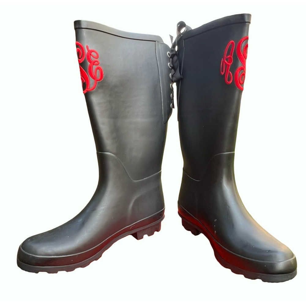 GUC Marley Lilly Womens Black Monogrammed Rain Boots Knee High Waterproof Size 8